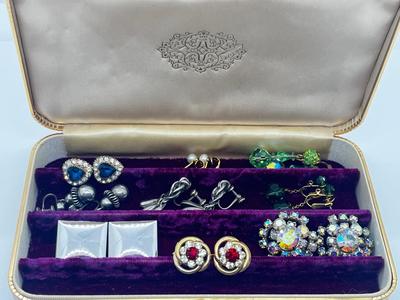 LOT 202J: Vintage Screwback and Clip On Earrings with a Beautiful Purple Velvet Lined Case