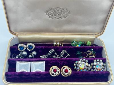 LOT 202J: Vintage Screwback and Clip On Earrings with a Beautiful Purple Velvet Lined Case