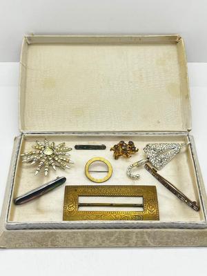LOT 205J: Antique Brass Buckle, Sterling and Abalone Bar Pin, Enamel and Brass Bar Pin and More!