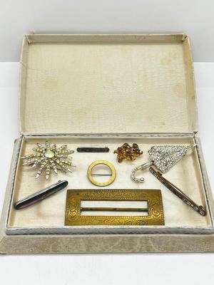 LOT 205J: Antique Brass Buckle, Sterling and Abalone Bar Pin, Enamel and Brass Bar Pin and More!