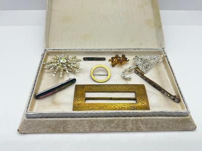 LOT 205J: Antique Brass Buckle, Sterling and Abalone Bar Pin, Enamel and Brass Bar Pin and More!