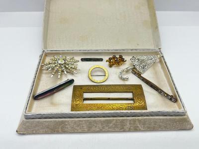LOT 205J: Antique Brass Buckle, Sterling and Abalone Bar Pin, Enamel and Brass Bar Pin and More!