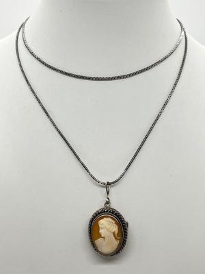 LOT 206J: Vintage Victorian Rhinestone Brooch and Vintage Left Facing Cameo Pin/Pendant on 925 Chain