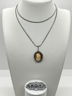 LOT 206J: Vintage Victorian Rhinestone Brooch and Vintage Left Facing Cameo Pin/Pendant on 925 Chain