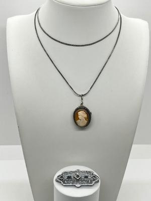 LOT 206J: Vintage Victorian Rhinestone Brooch and Vintage Left Facing Cameo Pin/Pendant on 925 Chain