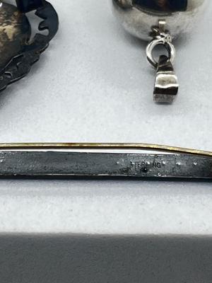 LOT 220J: Antique Sterling Black Enamel & Rhinestone Bar Pin, Siam Sterling Brooch/Pin, Vintage Sterling Ball/Bell Pendant and More!