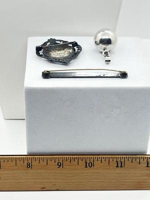 LOT 220J: Antique Sterling Black Enamel & Rhinestone Bar Pin, Siam Sterling Brooch/Pin, Vintage Sterling Ball/Bell Pendant and More!