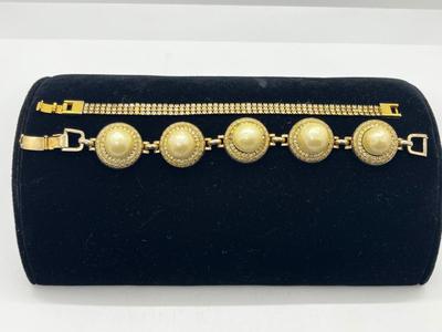 LOT 221J: Vintage Bergere Goldtone Faux Pearl and Rhinestone Link Bracelet (7.5") and Triple Row Goldtone and Rhinestone Bracelet...