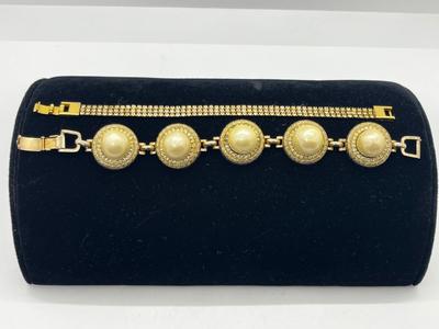 LOT 221J: Vintage Bergere Goldtone Faux Pearl and Rhinestone Link Bracelet (7.5") and Triple Row Goldtone and Rhinestone Bracelet...