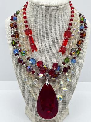 LOT 233J: Vintage Crystal and Glass Beaded Necklaces with Awesome Magenta Glass Statement Pendant Necklace