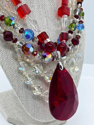 LOT 233J: Vintage Crystal and Glass Beaded Necklaces with Awesome Magenta Glass Statement Pendant Necklace