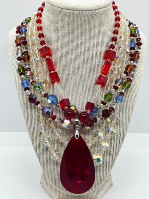 LOT 233J: Vintage Crystal and Glass Beaded Necklaces with Awesome Magenta Glass Statement Pendant Necklace