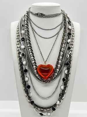 LOT 239: Silvertone and Black Necklace Collection with Showstopper Giant Red Glass Heart Shaped Pendant