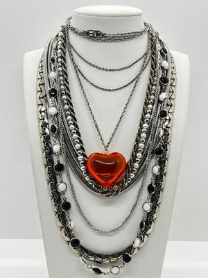 LOT 239: Silvertone and Black Necklace Collection with Showstopper Giant Red Glass Heart Shaped Pendant