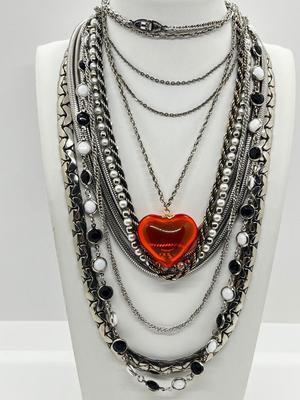 LOT 239: Silvertone and Black Necklace Collection with Showstopper Giant Red Glass Heart Shaped Pendant