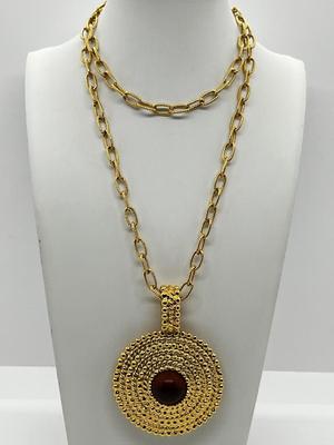 LOT 247J: Fantastic 1970's Modernist Faux Amber and Glass Pendant on 30" Rope Necklace