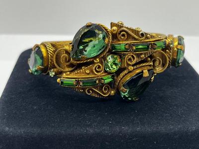 LOT 272J: Vintage Hinged Goldtone Bracelet Featuring Green Art Glass and Rhinestones