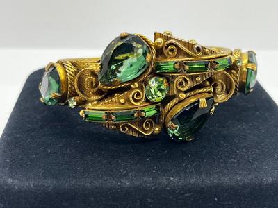 LOT 272J: Vintage Hinged Goldtone Bracelet Featuring Green Art Glass and Rhinestones