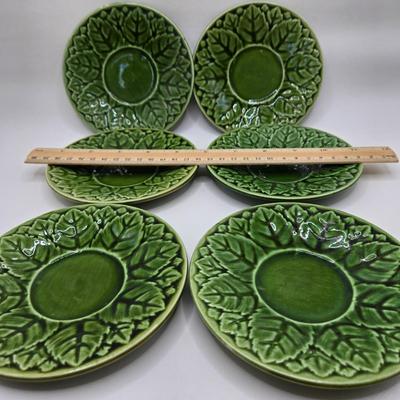 LOT 2K: Bordallo Pinheiro Green Leaf Plate, Sarreguemines France Saucers, Imperial by W. Dalton Small Stoneware Crock, and More Beautiful...