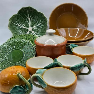 LOT 2K: Bordallo Pinheiro Green Leaf Plate, Sarreguemines France Saucers, Imperial by W. Dalton Small Stoneware Crock, and More Beautiful...