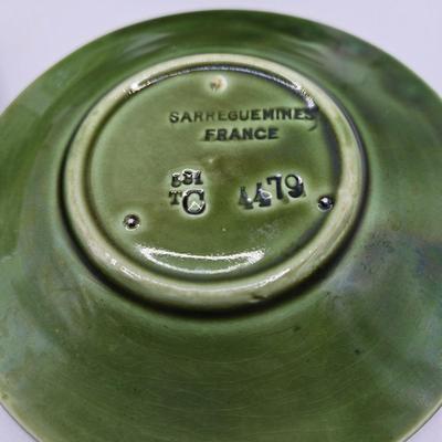 LOT 2K: Bordallo Pinheiro Green Leaf Plate, Sarreguemines France Saucers, Imperial by W. Dalton Small Stoneware Crock, and More Beautiful...