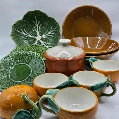 LOT 2K: Bordallo Pinheiro Green Leaf Plate, Sarreguemines France Saucers, Imperial by W. Dalton Small Stoneware Crock, and More Beautiful...
