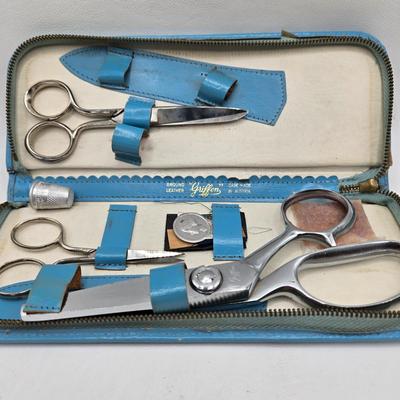 LOT 13K: Vintage Filled Wicker Sewing Basket w/Removable Tray, Griffon Shears and Scissor Set, and Thimble Collection