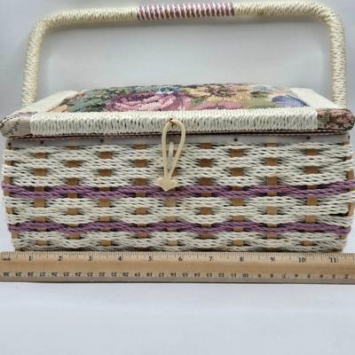 LOT 13K: Vintage Filled Wicker Sewing Basket w/Removable Tray, Griffon Shears and Scissor Set, and Thimble Collection