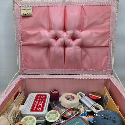 LOT 13K: Vintage Filled Wicker Sewing Basket w/Removable Tray, Griffon Shears and Scissor Set, and Thimble Collection
