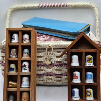 LOT 13K: Vintage Filled Wicker Sewing Basket w/Removable Tray, Griffon Shears and Scissor Set, and Thimble Collection