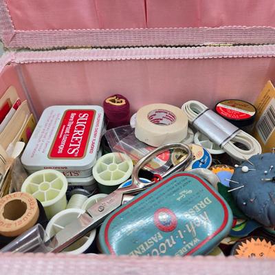 LOT 13K: Vintage Filled Wicker Sewing Basket w/Removable Tray, Griffon Shears and Scissor Set, and Thimble Collection