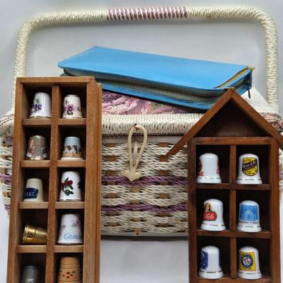 LOT 13K: Vintage Filled Wicker Sewing Basket w/Removable Tray, Griffon Shears and Scissor Set, and Thimble Collection