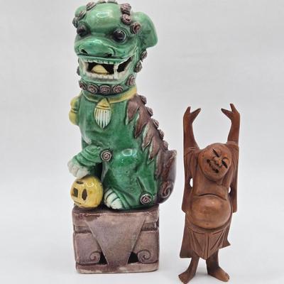 LOT 19K: Chinese Guardian Lion AKA Foo Dog and A Very Happy Carved Wooden Buddha