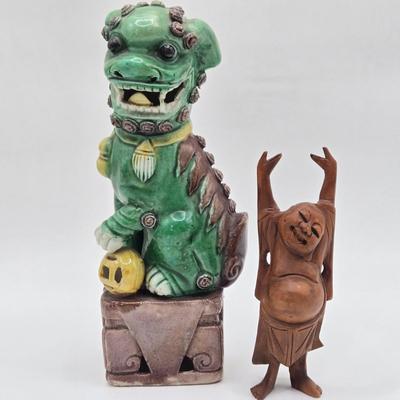 LOT 19K: Chinese Guardian Lion AKA Foo Dog and A Very Happy Carved Wooden Buddha