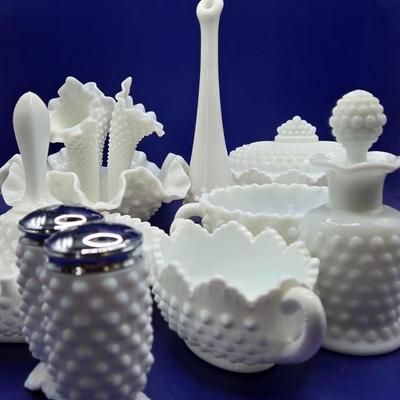 LOT 22K: Vintage Fenton Milk Glass Hobnail Pieces and More