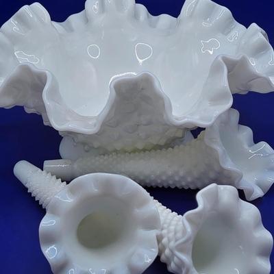 LOT 22K: Vintage Fenton Milk Glass Hobnail Pieces and More
