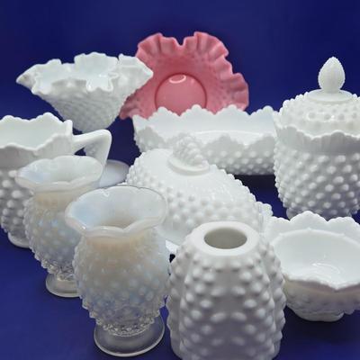 LOT 23K: Multiple Vintage Fenton Milk Glass Hobnail Pieces and More