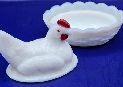 LOT 23K:Variety of Vintage Milk Glass Pieces Including Westmoreland Wicker Edge Salad Plate, Fenton White Hobnail Fairy Light, and More
