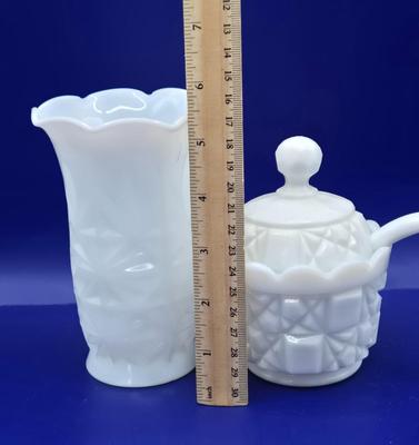 LOT 23K:Variety of Vintage Milk Glass Pieces Including Westmoreland Wicker Edge Salad Plate, Fenton White Hobnail Fairy Light, and More