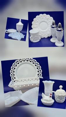 LOT 23K:Variety of Vintage Milk Glass Pieces Including Westmoreland Wicker Edge Salad Plate, Fenton White Hobnail Fairy Light, and More