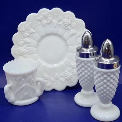 LOT 23K:Variety of Vintage Milk Glass Pieces Including Westmoreland Wicker Edge Salad Plate, Fenton White Hobnail Fairy Light, and More