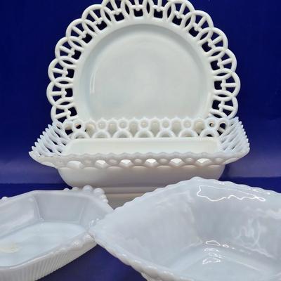 LOT 23K:Variety of Vintage Milk Glass Pieces Including Westmoreland Wicker Edge Salad Plate, Fenton White Hobnail Fairy Light, and More