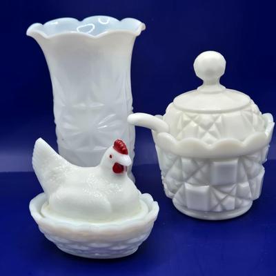 LOT 23K:Variety of Vintage Milk Glass Pieces Including Westmoreland Wicker Edge Salad Plate, Fenton White Hobnail Fairy Light, and More