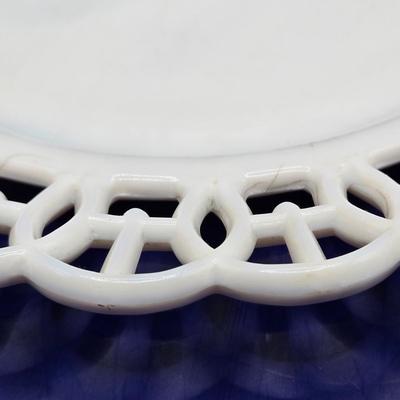 LOT 23K:Variety of Vintage Milk Glass Pieces Including Westmoreland Wicker Edge Salad Plate, Fenton White Hobnail Fairy Light, and More