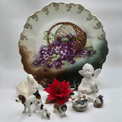 LOT 30D: Punch Z.S. & Co. Bavaria Plate, Porcelain Swan, Porcelain Dogs, Golden Crown E&R Italy Flower, Miniature Porcelain Bird...