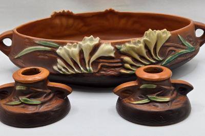 LOT 44D: Vintage Roseville Freesia Bowl and Candle Stick Holders