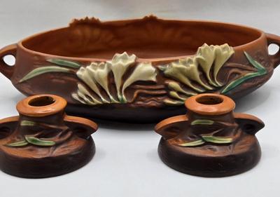 LOT 44D: Vintage Roseville Freesia Bowl and Candle Stick Holders