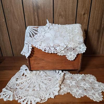 LOT 48D: Wooden Sewing Box with Embroidery Tools and Thread and Handmade Doilies