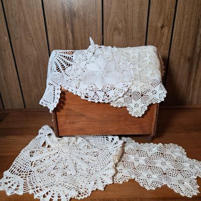 LOT 48D: Wooden Sewing Box with Embroidery Tools and Thread and Handmade Doilies