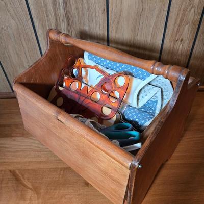 LOT 48D: Wooden Sewing Box with Embroidery Tools and Thread and Handmade Doilies